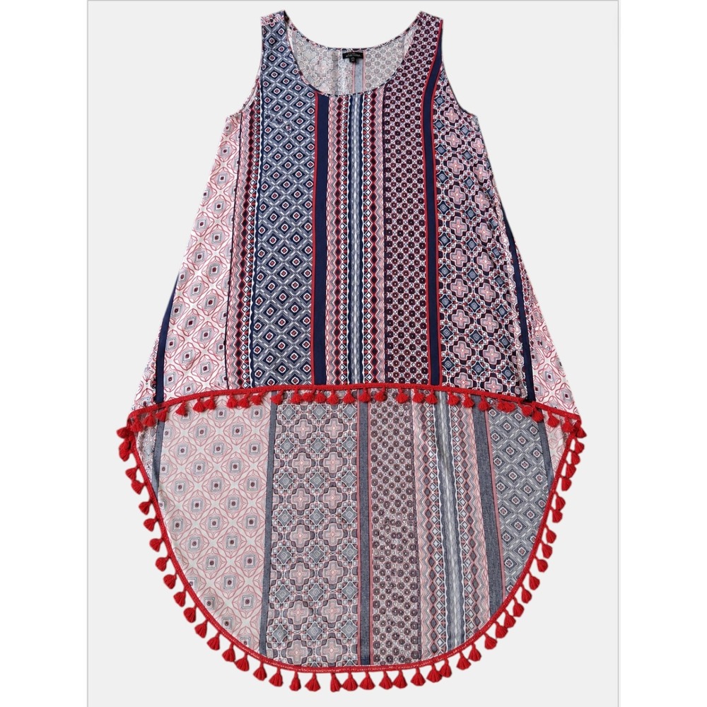 Coco + Carmen Sleeveless High Low Tunic Top Red Tassel Mixed Print Blue S/M